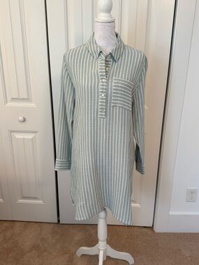 Alice Walk Striped Button Gauze Dress Pale Sage & White SZ Large NEW WITHOUT TAG